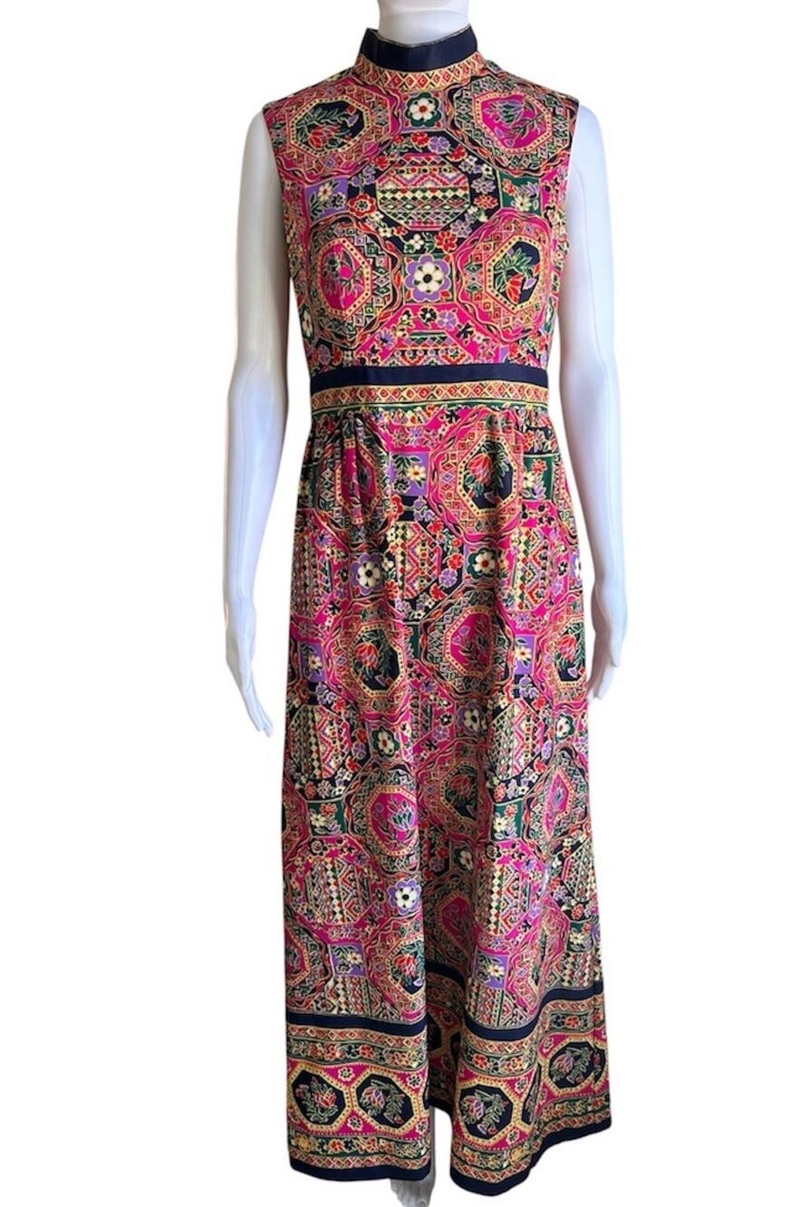 Vintage Joseph Magnin 70s Maxi Dress M Folk Floral Psychedelic Boho Festival